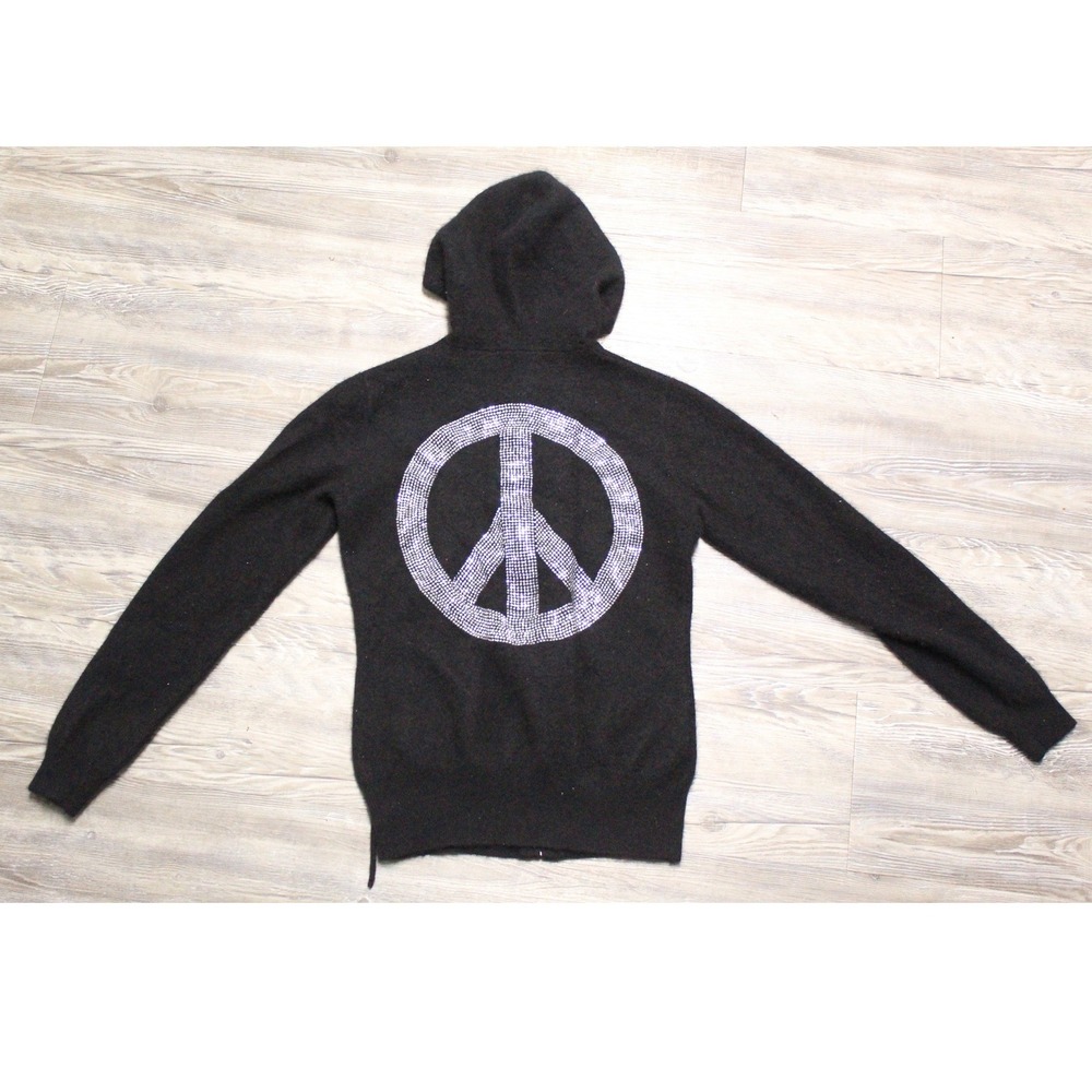Aqua Cashmere Women's Black Rhinestone Peace Sign Zip Up Hoodie Sweater Sz Large